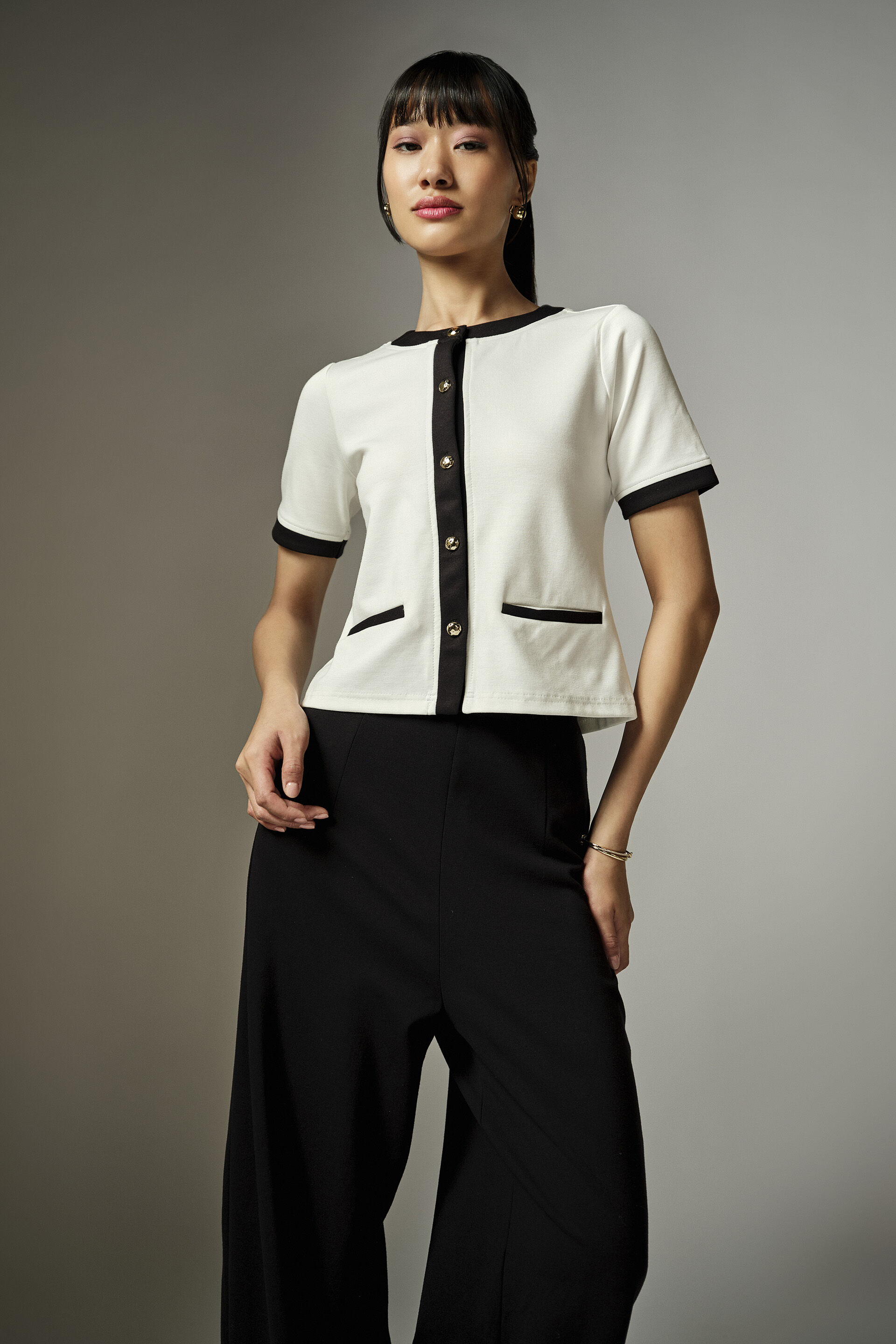 White Contrast Trim Knit Top